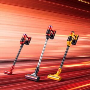 שלושה שואבי אבק אלחוטיאים עם רקע אדום VACUUM CENTER